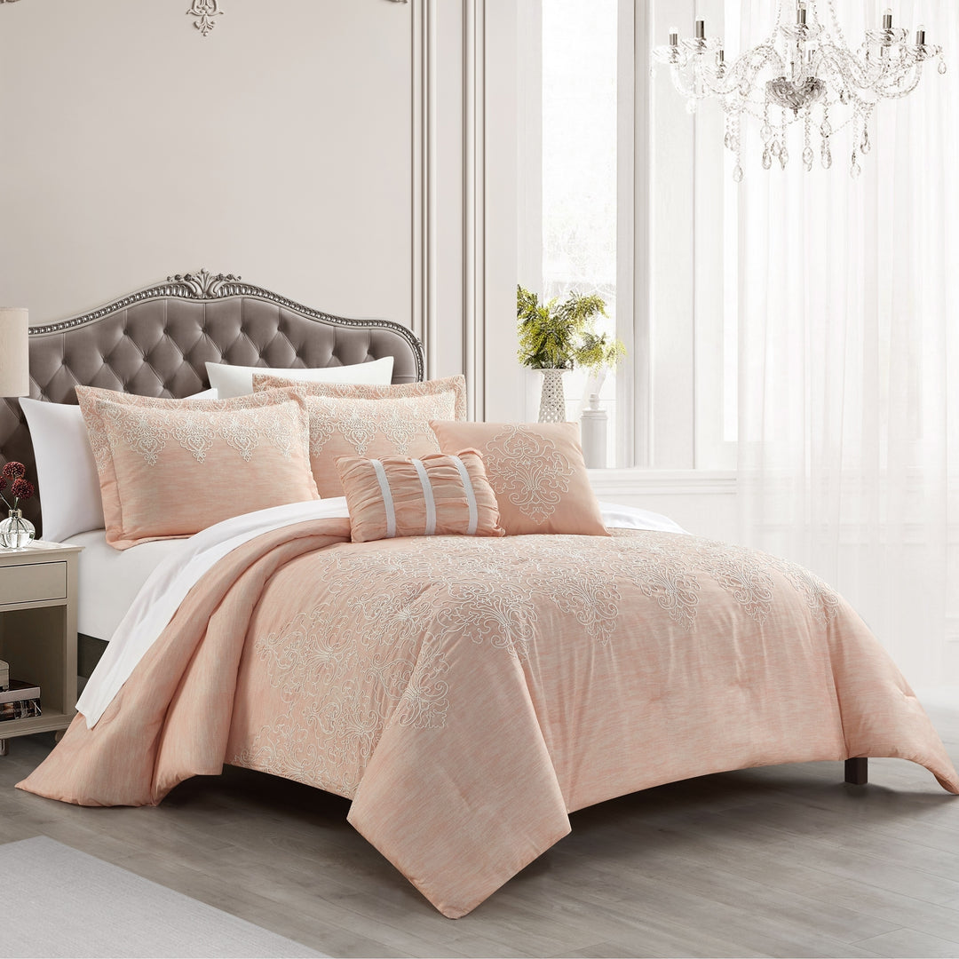 Hubli 5 Piece Comforter Set Embroidered Pattern Heathered Bedding Image 1