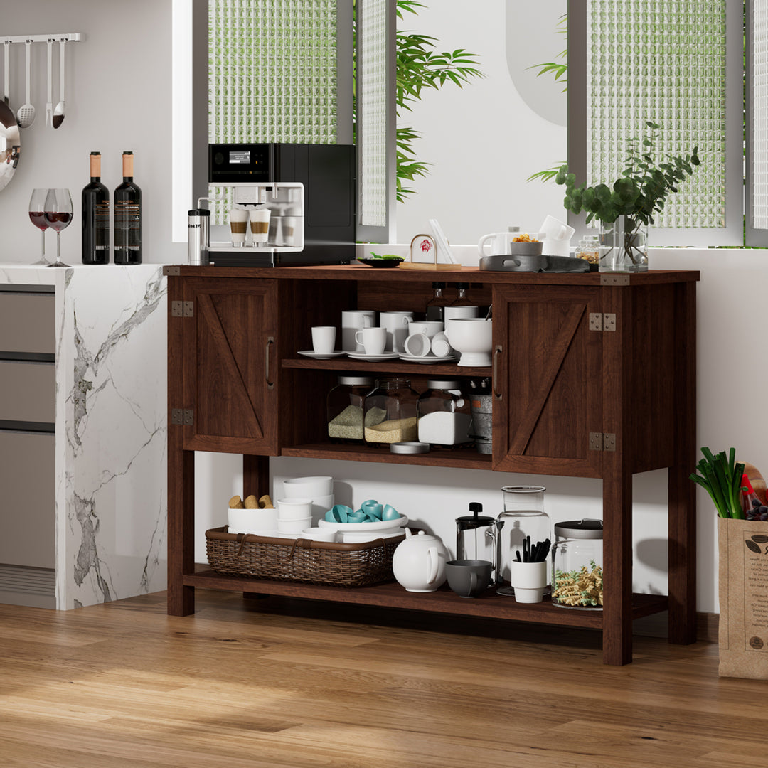 Buffet Sideboard Storage Cupboard Console Table w/ Open Shelf and Side Cabinets Brown Image 3