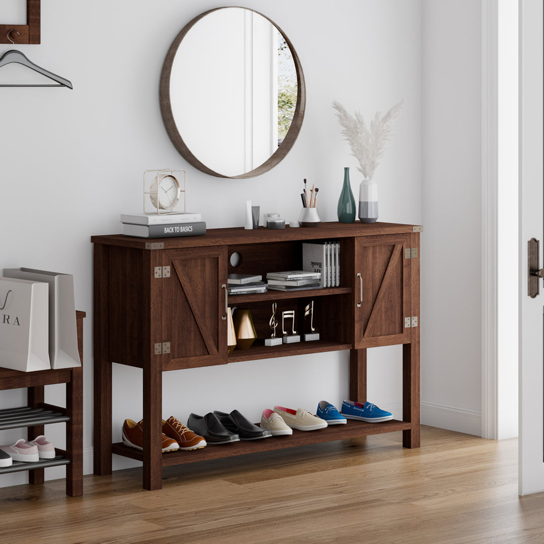 Buffet Sideboard Storage Cupboard Console Table w/ Open Shelf and Side Cabinets Brown Image 4