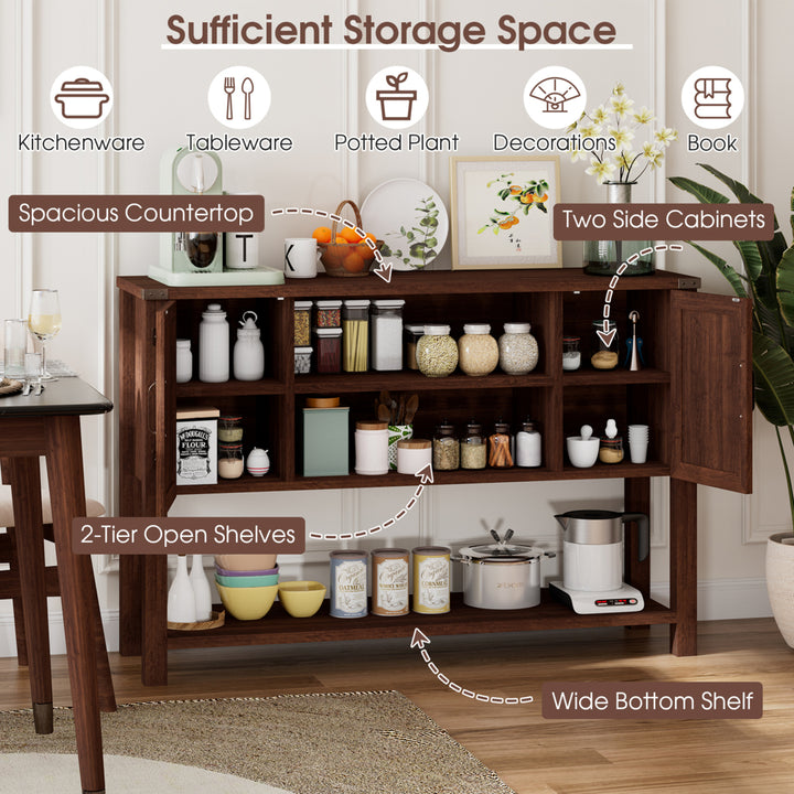 Buffet Sideboard Storage Cupboard Console Table w/ Open Shelf and Side Cabinets Brown Image 5