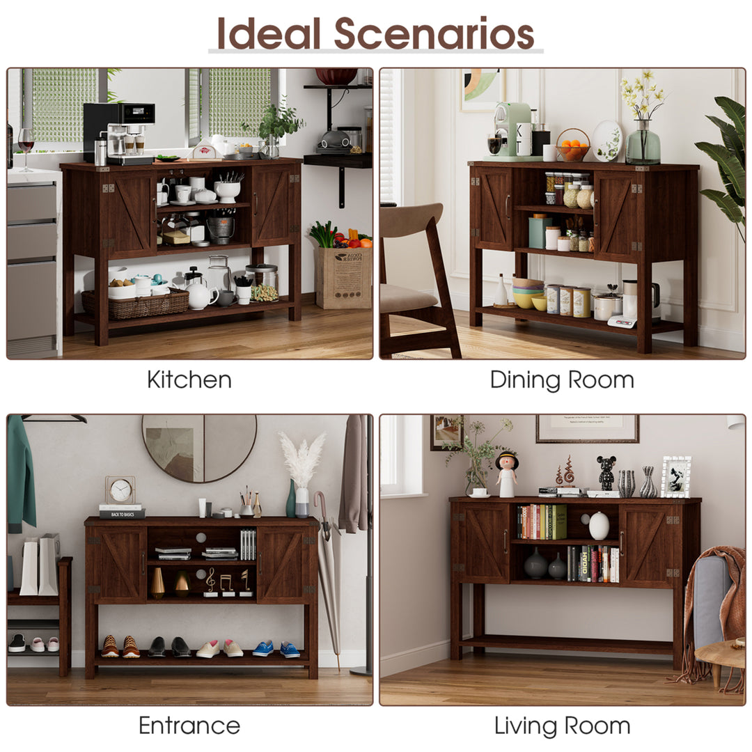 Buffet Sideboard Storage Cupboard Console Table w/ Open Shelf and Side Cabinets Brown Image 8