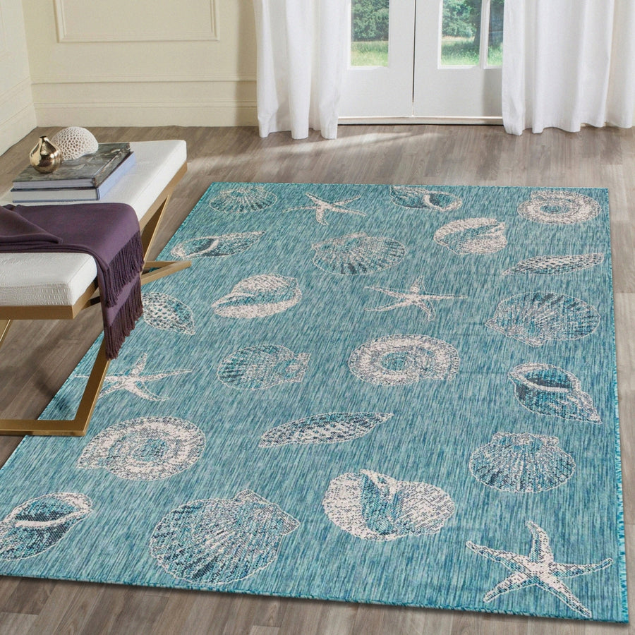 Liora Manne Carmel Shells Indoor Outdoor Area Rug Aqua Image 1