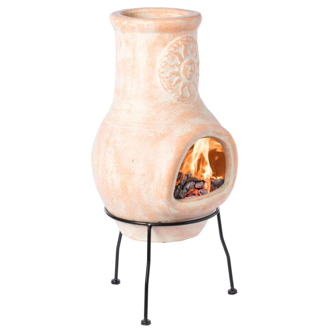 Beige Clay Chiminea Outdoor Fireplace 12in Sun Design Charcoal Fire Pit Stand Image 1