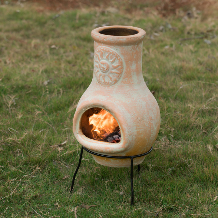 Beige Clay Chiminea Outdoor Fireplace 12in Sun Design Charcoal Fire Pit Stand Image 2