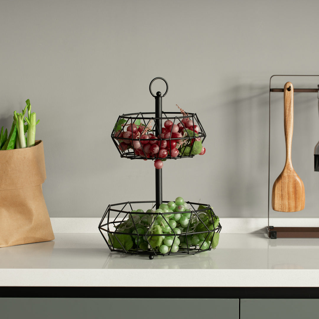 2 Tier Carbon Steel Countertop Fruit Basket Detachable Black Kitchen Organizer Image 2