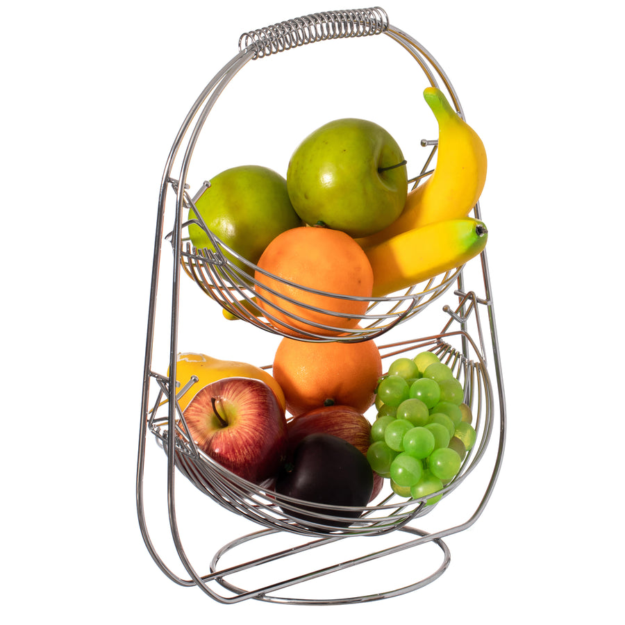 2 Tier Metal Fruit Holder Swing Basket for Kitchen Detachable Countertop Vegetables Storage Organizer with Display Image 1
