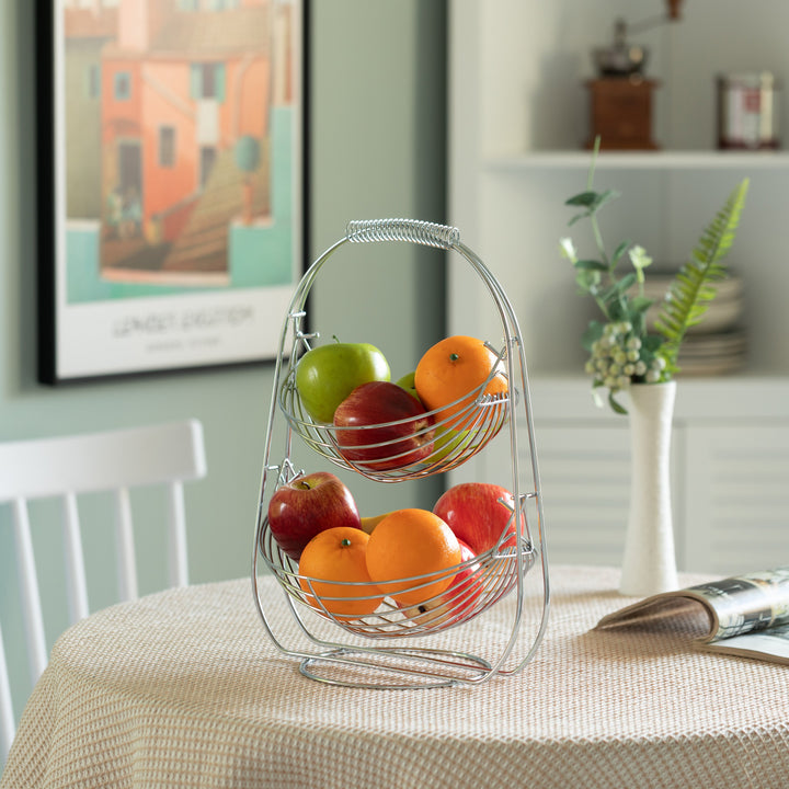 2 Tier Metal Fruit Holder Swing Basket for Kitchen Detachable Countertop Vegetables Storage Organizer with Display Image 2