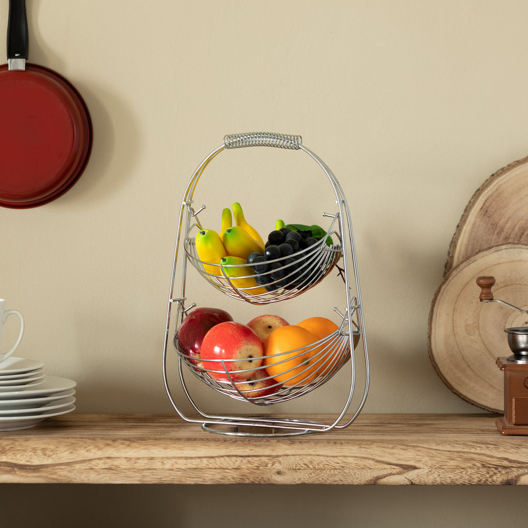 2 Tier Metal Fruit Holder Swing Basket for Kitchen Detachable Countertop Vegetables Storage Organizer with Display Image 3