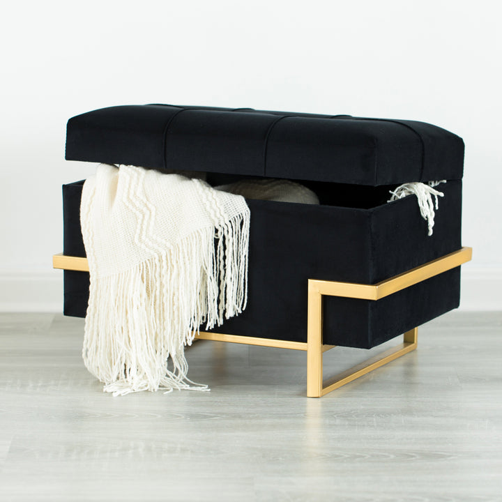 Rectangle Velvet Storage Ottoman Stool Box with Abstract Golden Legs Decorative Sitting Bench for Living Room  with Image 2