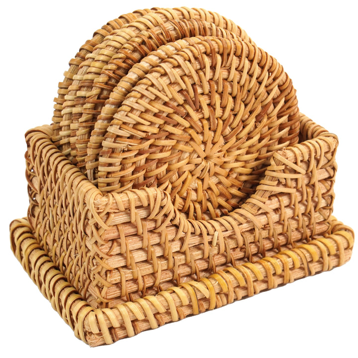 Honey Brown Round Rattan Placemats Set of 6 with Rectangular Holder 2.25 Inch Image 1