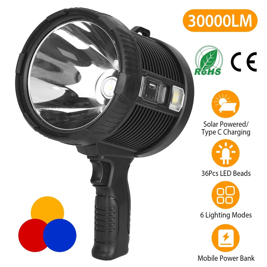 30000LM Rechargeable LED Spotlight IPX6 Waterproof with Color Filters 6 Modes Image 1