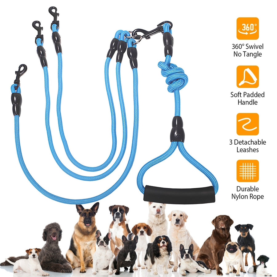 3 Dog Leash Traction Rope Padded Handle 4.6ft Blue Durable No Tangle Lead Image 1