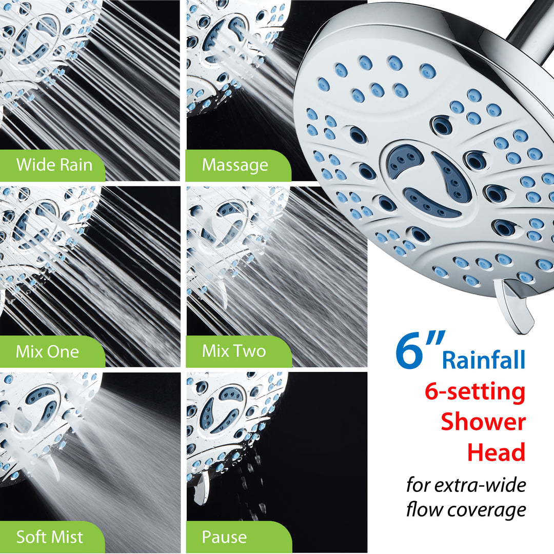 AquaCare High Pressure 6-setting 6 inch Rainfall Shower Head with GermShield Antimicrobial Anti-clog Nozzles, Chrome Image 4