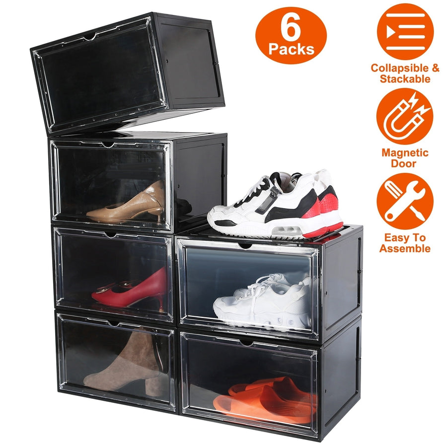 Collapsible Shoe Box 6 Pack Stackable Storage Bin Magnetic Door Transparent PP Image 1