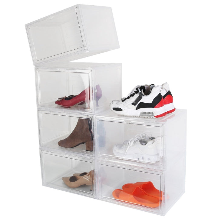 Collapsible Shoe Box 6 Pack Stackable Storage Bin Magnetic Door Transparent PP Image 1