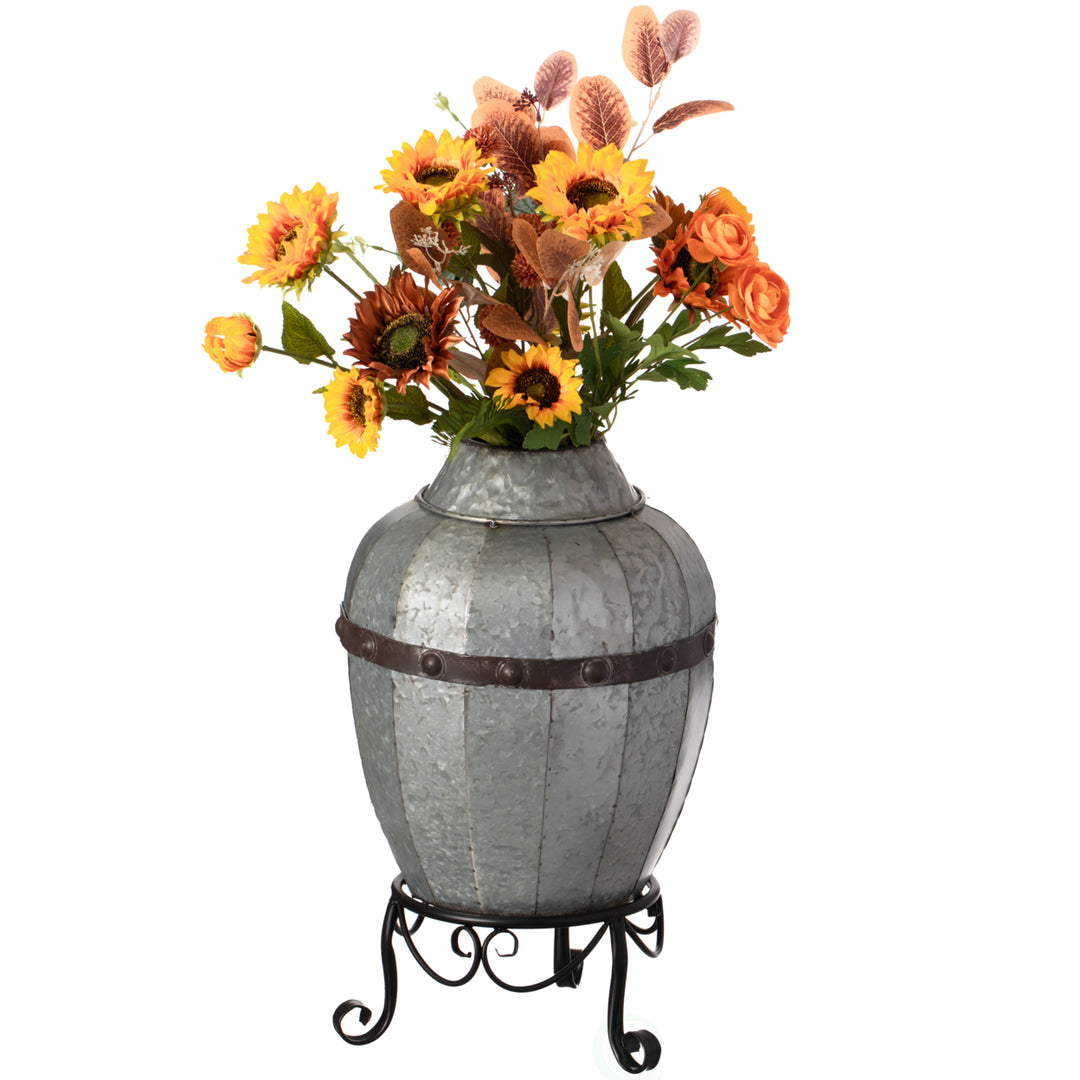 Rustic Silver Galvanized Barrel Shape Planter Vase with Metal Stand Garden Decor Image 1