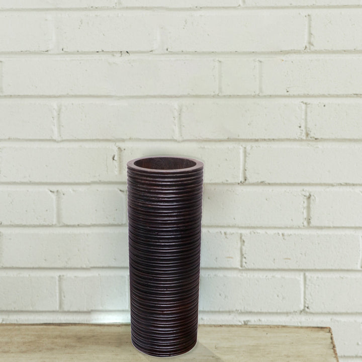 Brown Decorative Contemporary Mango Wood Ribbed Design Cylinder Shaped Vase Image 9