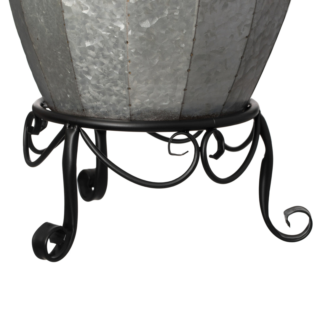 Rustic Silver Galvanized Barrel Shape Planter Vase with Metal Stand Garden Decor Image 7