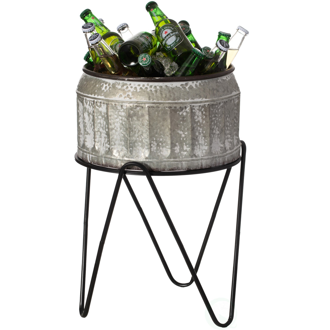 Silver Galvanized Metal Ice Bucket Beverage Cooler Tub with Stand Vintage Style Image 1