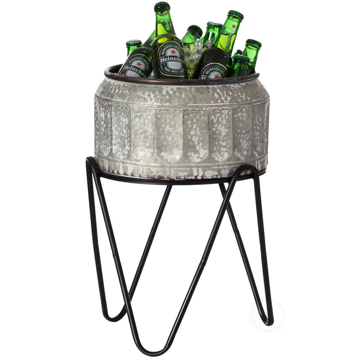 Silver Galvanized Metal Ice Bucket Beverage Cooler Tub with Stand Vintage Style Image 2