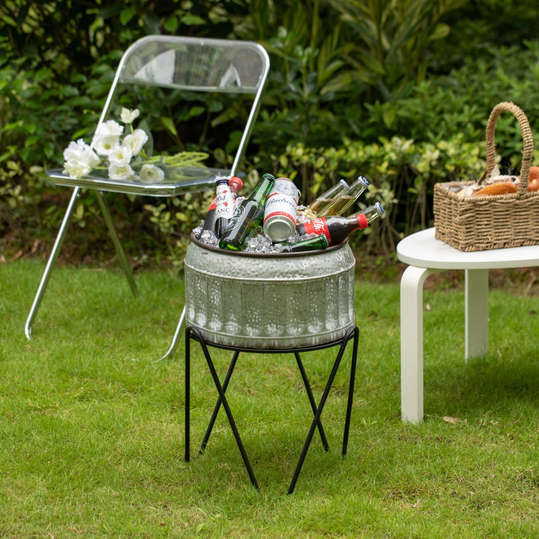 Silver Galvanized Metal Ice Bucket Beverage Cooler Tub with Stand Image 3