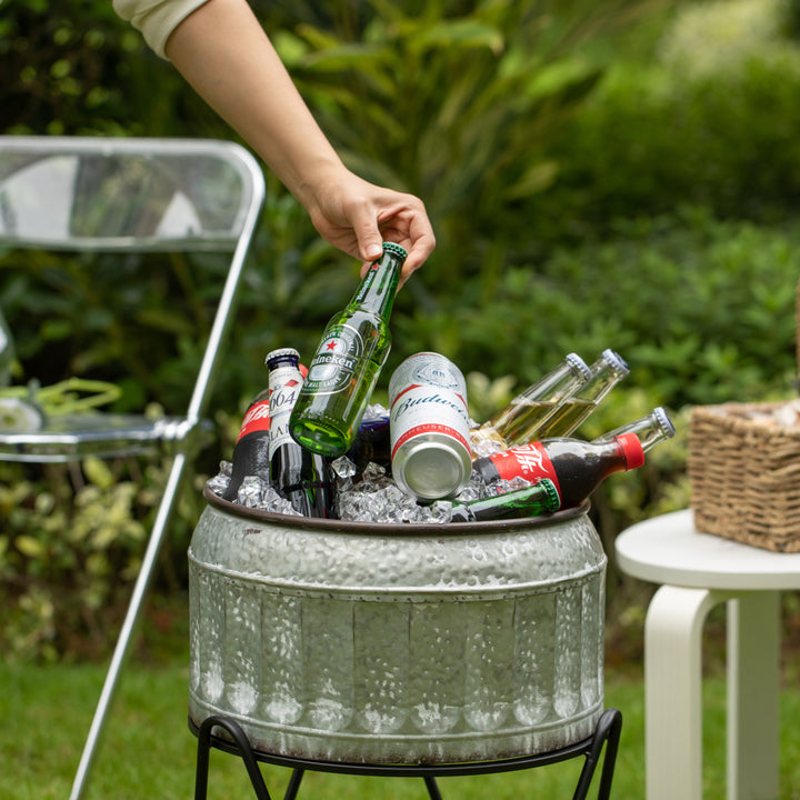 Silver Galvanized Metal Ice Bucket Beverage Cooler Tub with Stand Vintage Style Image 4