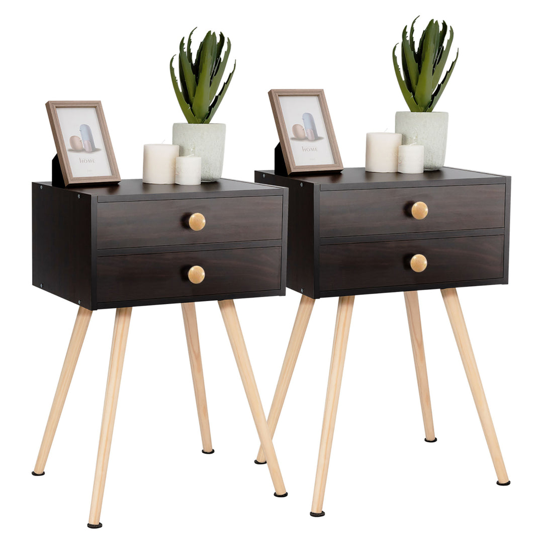 2 PCS Mid Century Modern 2 Drawers Nightstand Sofa Side Table End Table Espresso Image 1