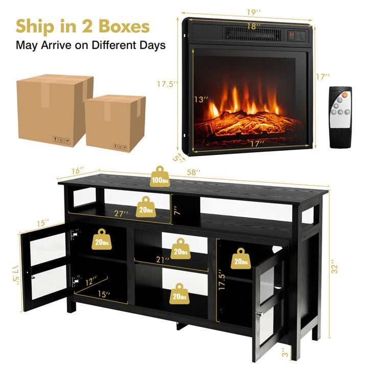 58 Fireplace TV Stand W/18 1400W Electric Fireplace up to 65 Black Image 2