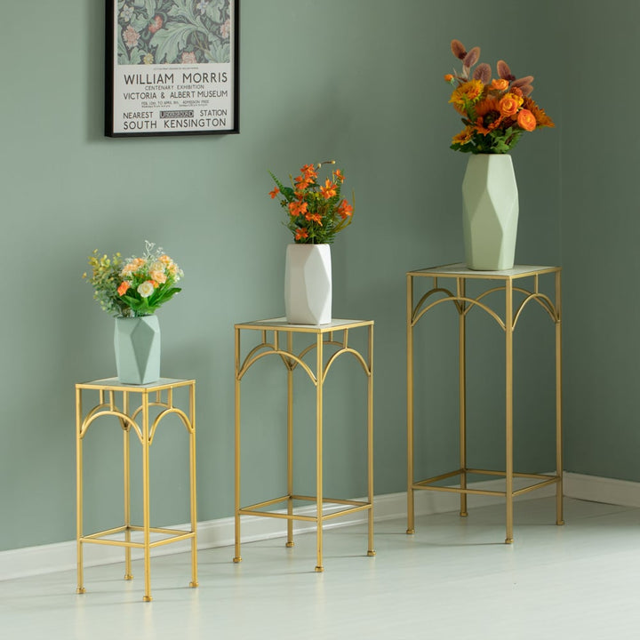 Gold Metal Square Plant Stand Set of 3 with White Marble Top Modern Image 1