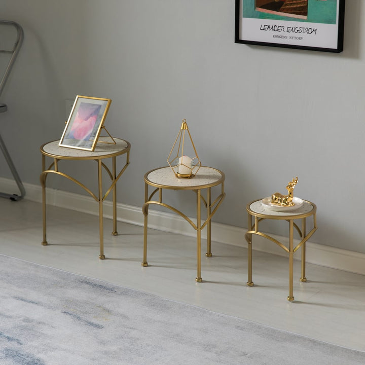 Gold Metal Round Plant Stand Set of 3 with White Marble Top Modern Design Image 1