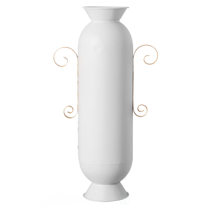 19.25 in Tall Decorative White Metal Floor Vase With 2 Gold Handles - Elegant Handcrafted Chic Vessel for Entryway, Image 3