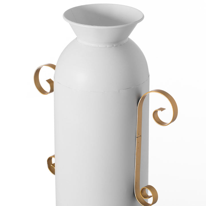 19.25 in Tall Decorative White Metal Floor Vase With 2 Gold Handles - Elegant Handcrafted Chic Vessel for Entryway, Image 6