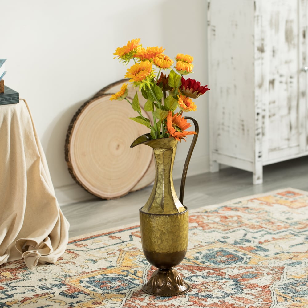 Decorative Antique Style 1 Handle Metal Jug Floor Vase - Vintage Inspired Rustic Design for Entryway, Living Room, or Image 3