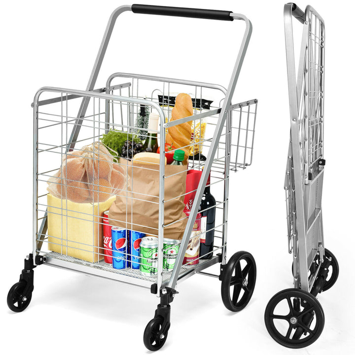 Heavy Duty Folding Shopping Cart Utility Jumbo Double Basket 330lbs Image 5