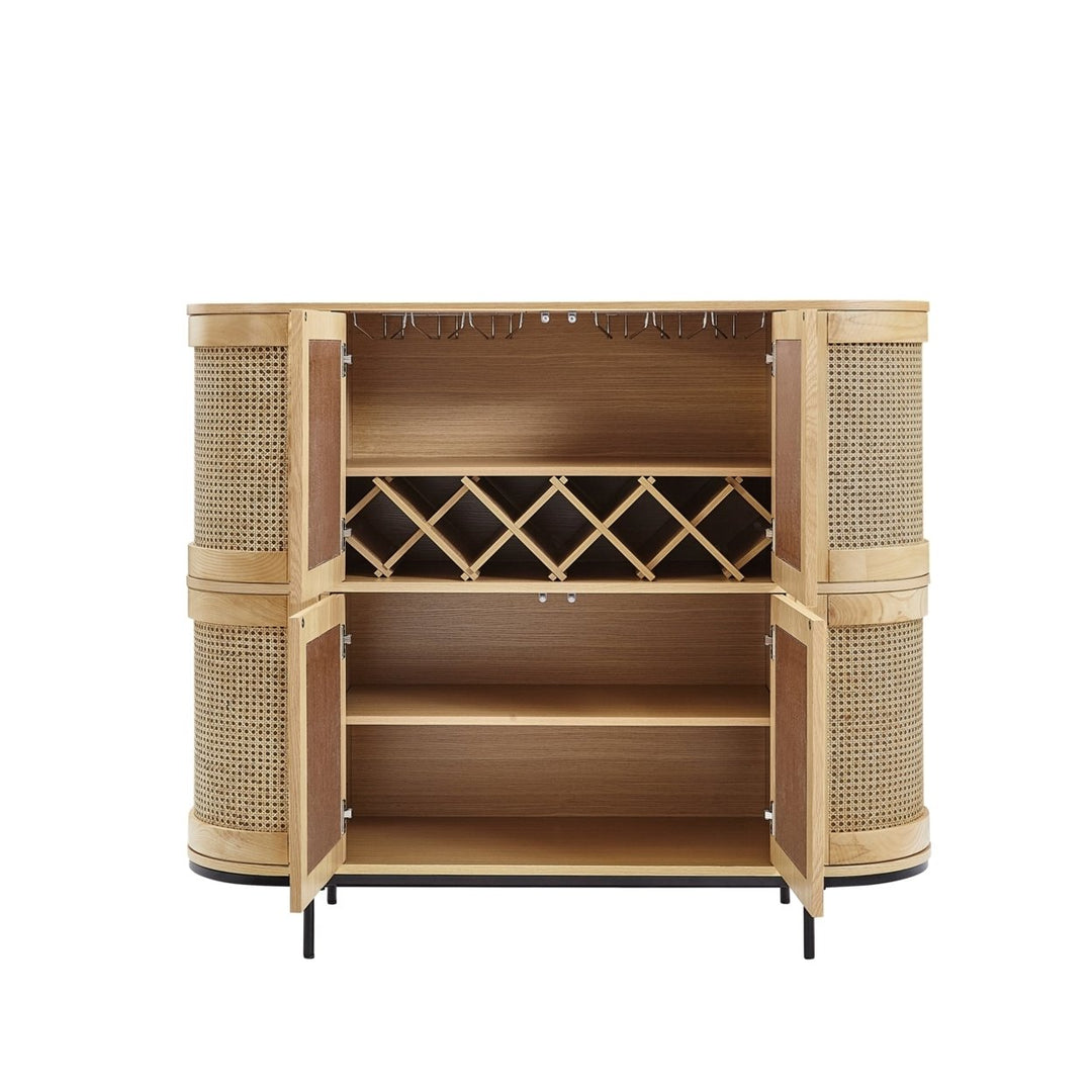 Geoffrey Cabinet - Storage, 4-Door  Stemware Rack, 5 Bottles Wine Rack  Rattan Imitation Image 4