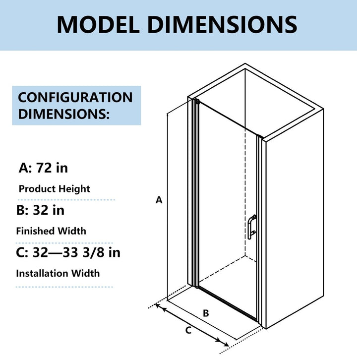 ES-DIY 32-33.5 x 72 Inch Pivot Shower Door Frameless Matte Black Glass Image 3