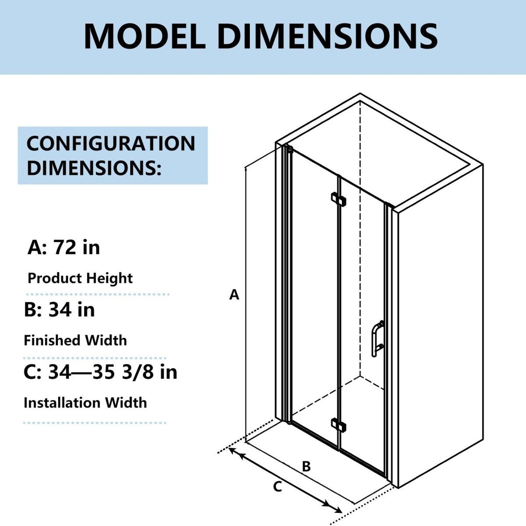 ES-DIY Frameless Folding Shower Door Black 34-35.5 x 72 Inch Clear Glass Image 3