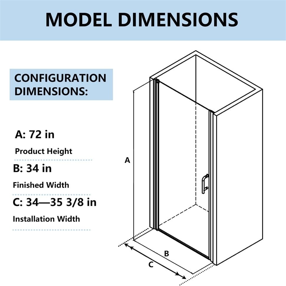 ES-DIY Frameless Pivot Shower Door Matte Black 34-35.5x72 inch Tempered Glass Image 2