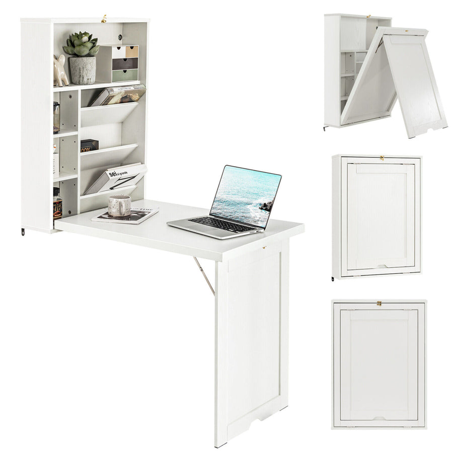 Wall Mounted Computer Convertible Desk Floating Desk w/ Storage Bookcases White Image 1