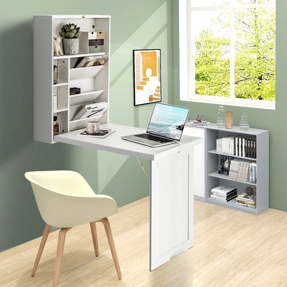 Wall Mounted Computer Convertible Desk Floating Desk w/ Storage Bookcases White Image 2