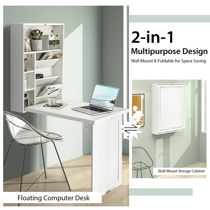 Wall Mounted Computer Convertible Desk Floating Desk w/ Storage Bookcases White Image 9