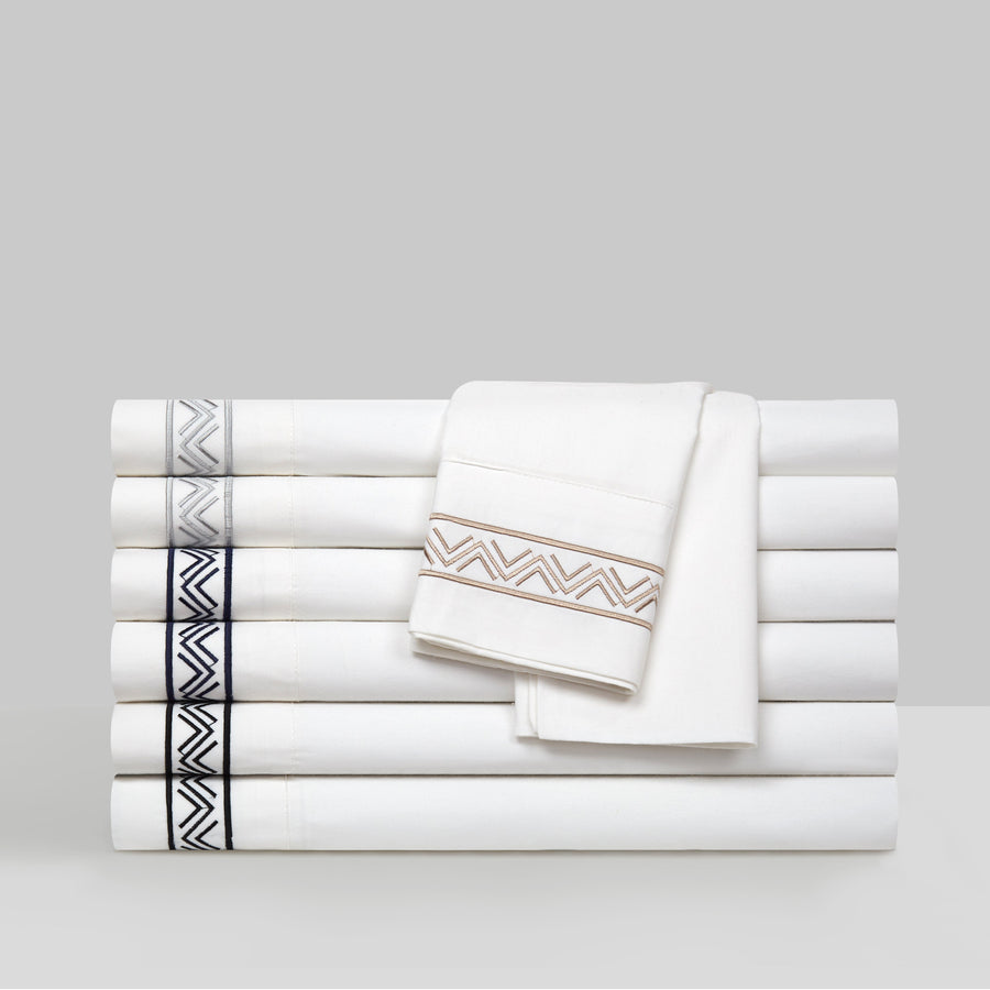 4 Piece Orden Organic Cotton Sheet Set Solid White With Dual Stripe Embroidery Image 1