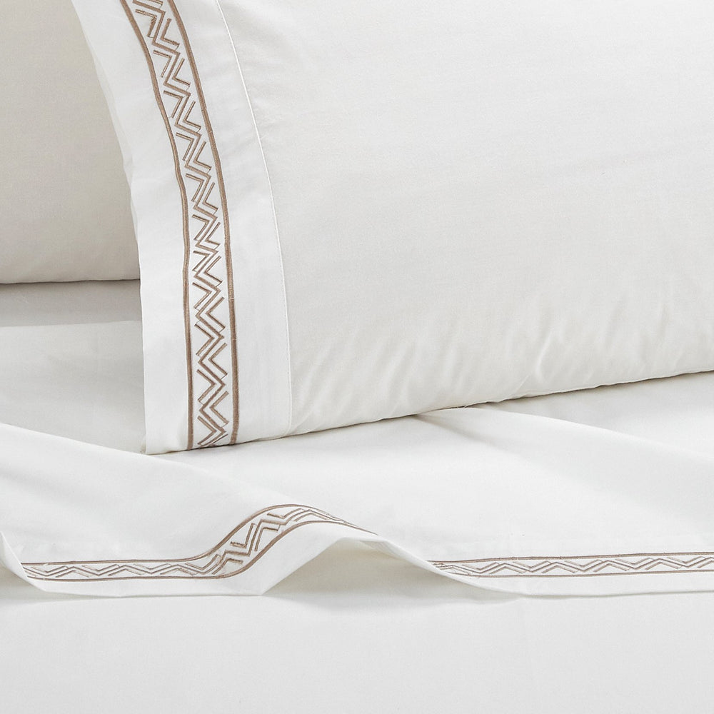 4 Piece Orden Organic Cotton Sheet Set Solid White With Dual Stripe Embroidery Image 2