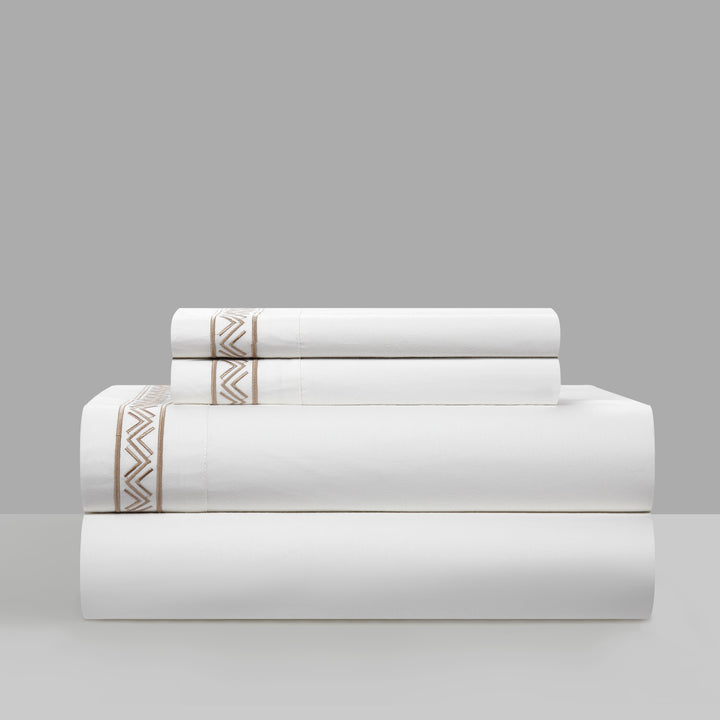 4 Piece Orden Organic Cotton Sheet Set Solid White With Dual Stripe Embroidery Image 1