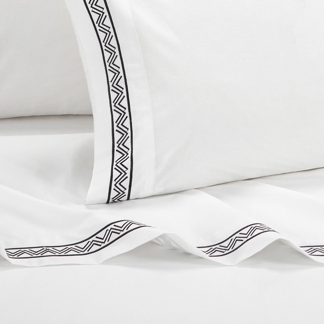 4 Piece Orden Organic Cotton Sheet Set Solid White With Dual Stripe Embroidery Image 3