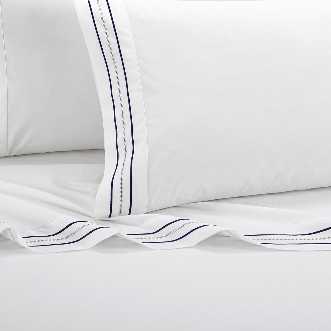 4 Piece Freeya Organic Cotton Sheet Set Solid White With Dual Stripe Embroidery Image 8