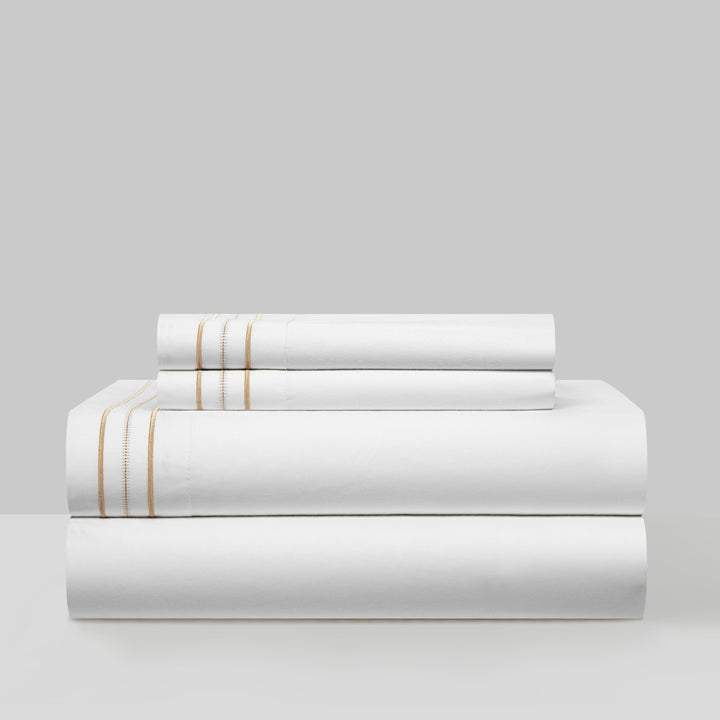 4 Piece Freeya Organic Cotton Sheet Set Solid White With Dual Stripe Embroidery Image 11
