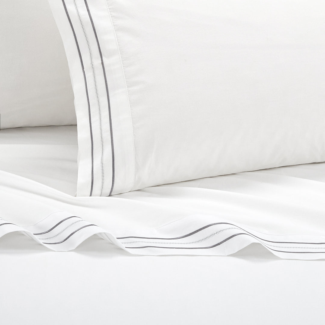 4 Piece Freeya Organic Cotton Sheet Set Solid White With Dual Stripe Embroidery Image 12