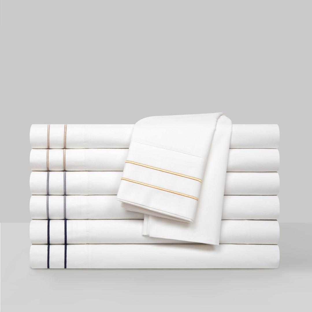 Balensia 4 Piece Organic Cotton Sheet Set Solid White With Dual Stripe Embroidery Image 1