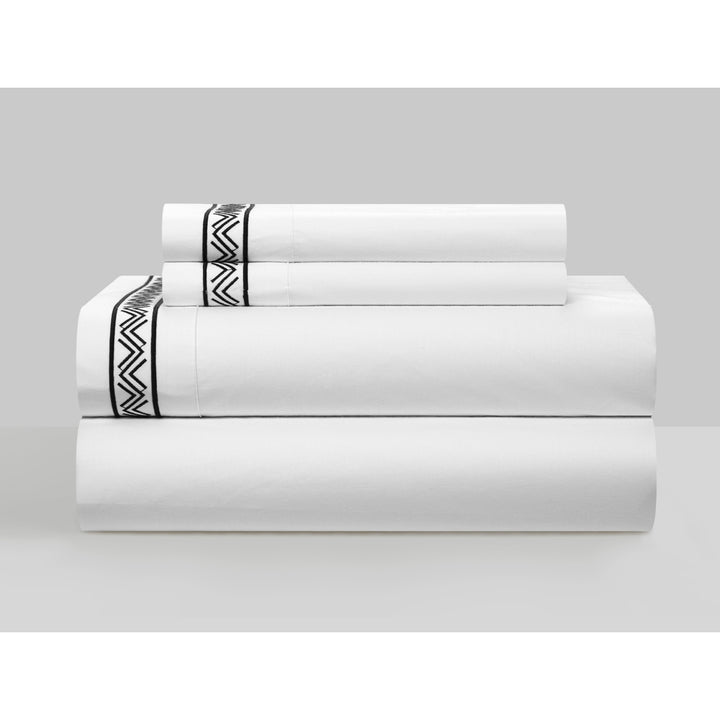 4 Piece Orden Organic Cotton Sheet Set Solid White With Dual Stripe Embroidery Image 11